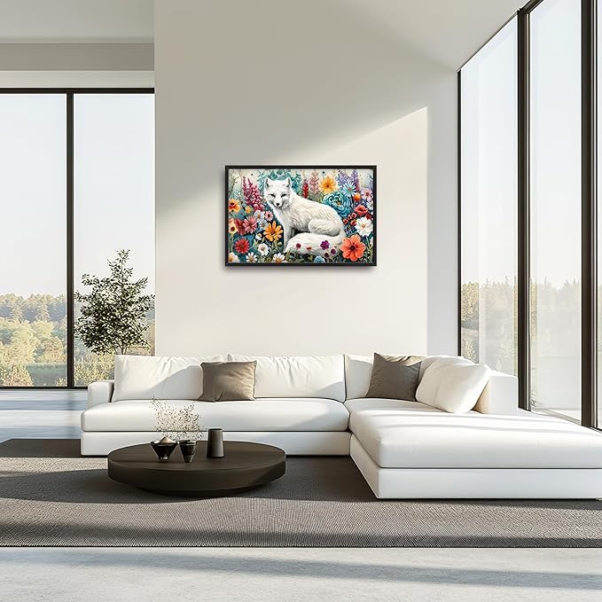 Framed Large Pictures Wall Art for Living Room, White Fox Oversized Wall Decor Animal Floral Canvas Print Painting Modern Extra Large Framed Artwork for Bedroom Office 36"x24"