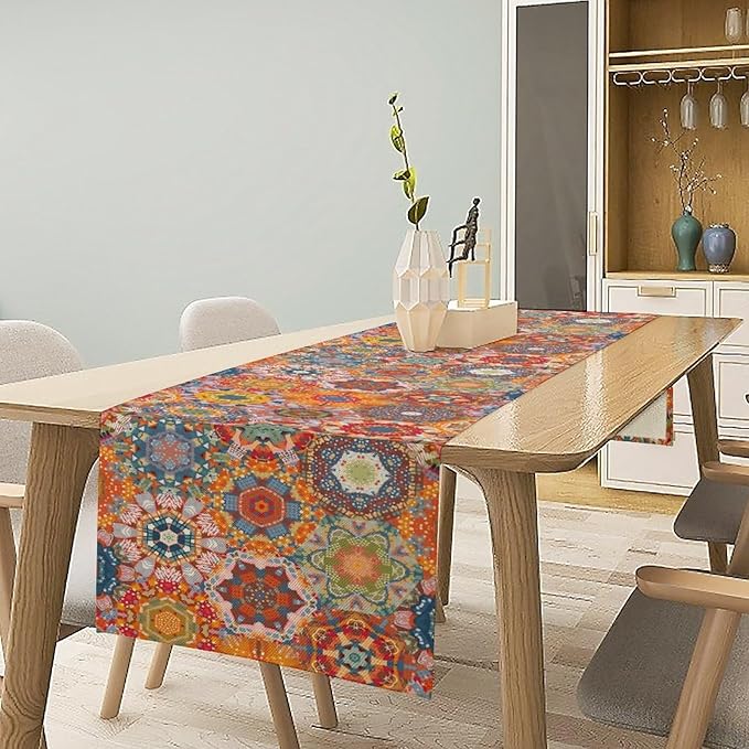 Boho Table Runner, Orange Geometric Mandala Flower Fall Farmhouse Decor Table Runner for Kitchen Dining Party Home Decoration, 13x60 Inch