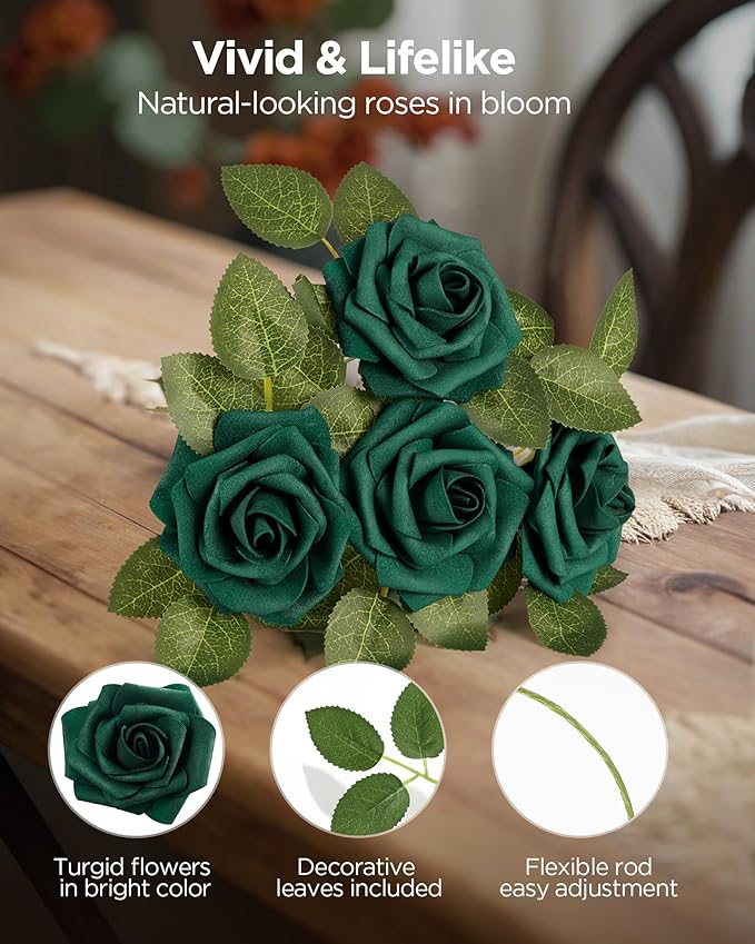 InnoGear Artificial Flowers, 50 Pcs Hunt Green Foam Fake Roses Bulk with Stems for Decoration DIY Wedding Bouquets Centerpieces Bridal Shower Party Valentines Christmas Tree