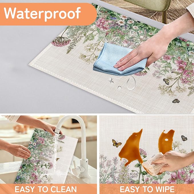 Vintage Wildflowers Placemats Set of 6,Butterfly Botanical Herbs Waterproof Heat Resistant Dining Table Plate Mat for Home Kitchen Dining Table 12x18Inch