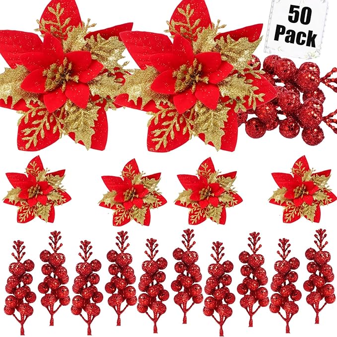 50pcs Glitter Poinsettia Christmas Ornaments, Artificial Flowers with Clips Stems for DIY Wreath Making, Holiday Home Party Decorations, Indoor Use (Red)