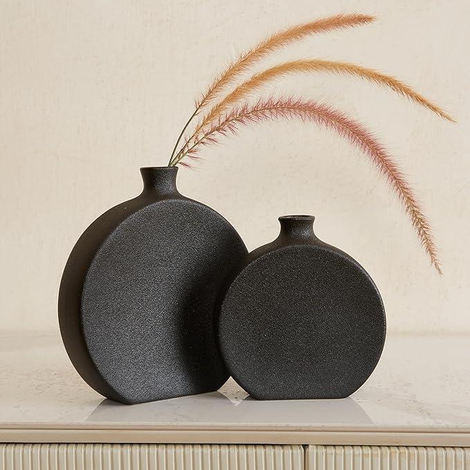 Black Ceramic Vase Set of 2, Boho Vase for Decor, Matte Frosted Texture Finish,Modern Rustic Farmhouse Home Decor,Vase for Pampas Grass&Dried Flowers,idea Shelf,Table,Mantel,Entryway