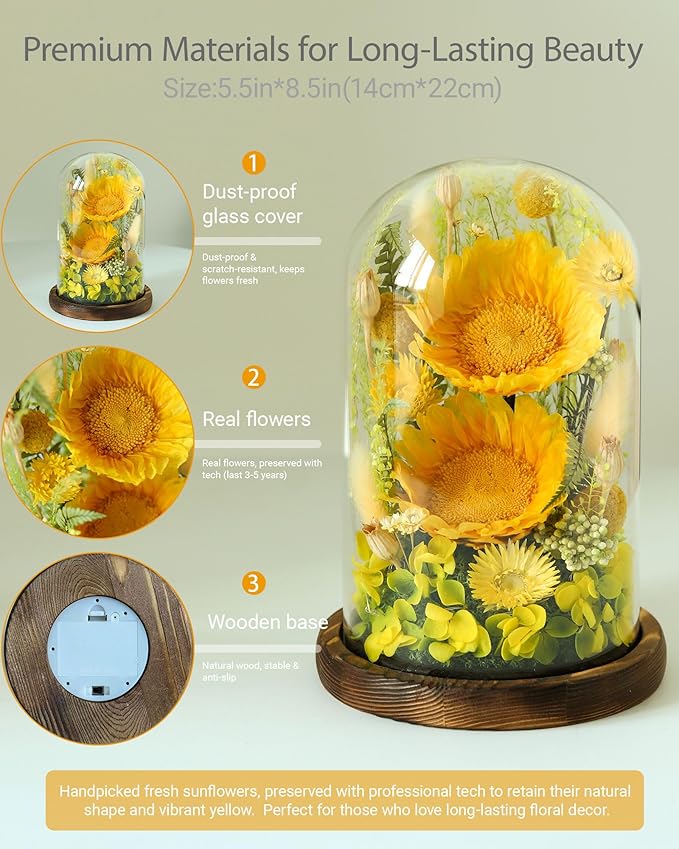 Sunflower Gifts for Women,Preserved Sunflowers Real Flowers in Glass Dome,Gifts for Grandma Mom Wife Mother in Law