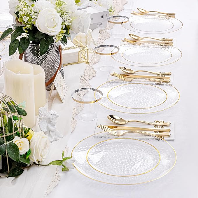 Rubtlamp 175 Pcs Plastic Dinnerware Set (25 Guests), Clear And Gold Plastic Plates, Hammered Party Plates Include Dinner Platos, Dessert Platos, Cups, Gold Cutlery Set And Napkins for Christmas