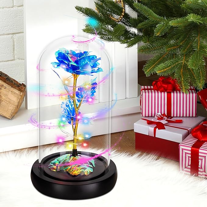 Childom Christmas Rose Gifts for Women,Birthday Gifts for Women Mom Christmas,Flowers for Delivery Prime,Rotating Blue Light Up Rose in A Glass Dome,Anniversary Rose Gift for Her Valentines Day