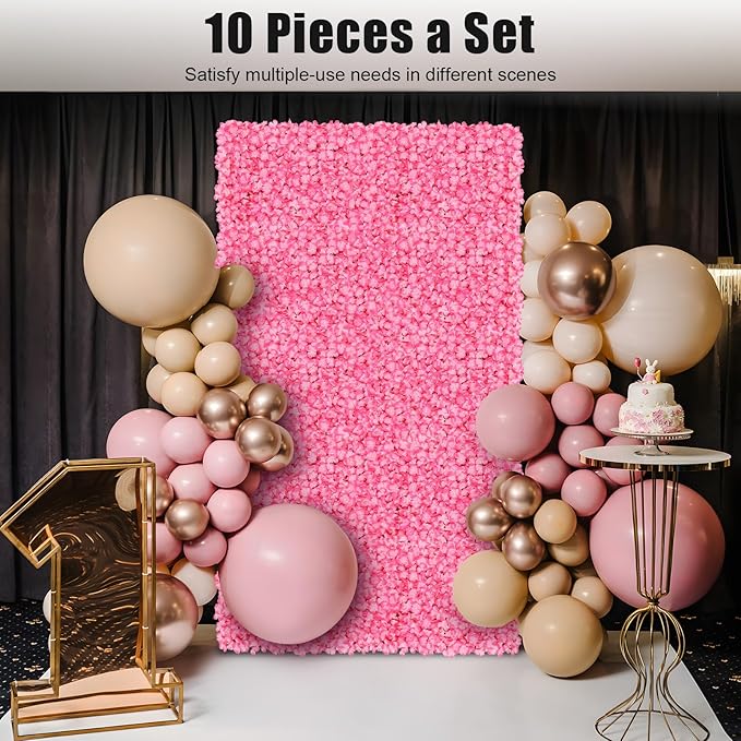 10 PCS Flower Wall Panel 24" x 16" Artificial Flowers Wall Decoration Decorative Hydrangea Flower Panels Walls for Home Party Wedding Christmas Festival Photo Backgdrop Decor (10 PCS, Pink)