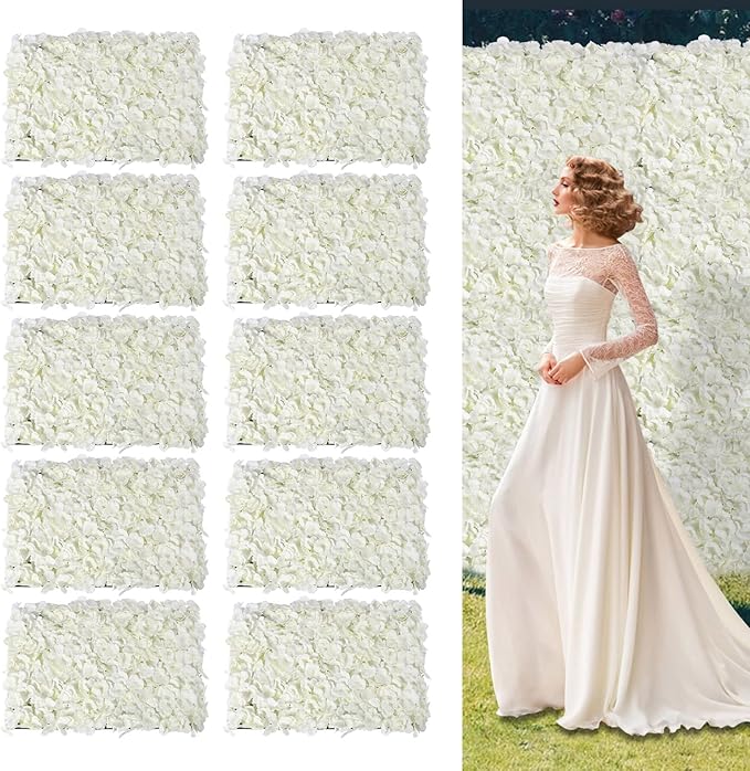 Flower Wall Panels, 10Pcs Artificial Flower Wall 3D Flower Wall Backdrop White Silk Rose Floral Decorative Faux Flower Wall Background for Wedding Home (Milky-White,15.7 * 23.6 in)