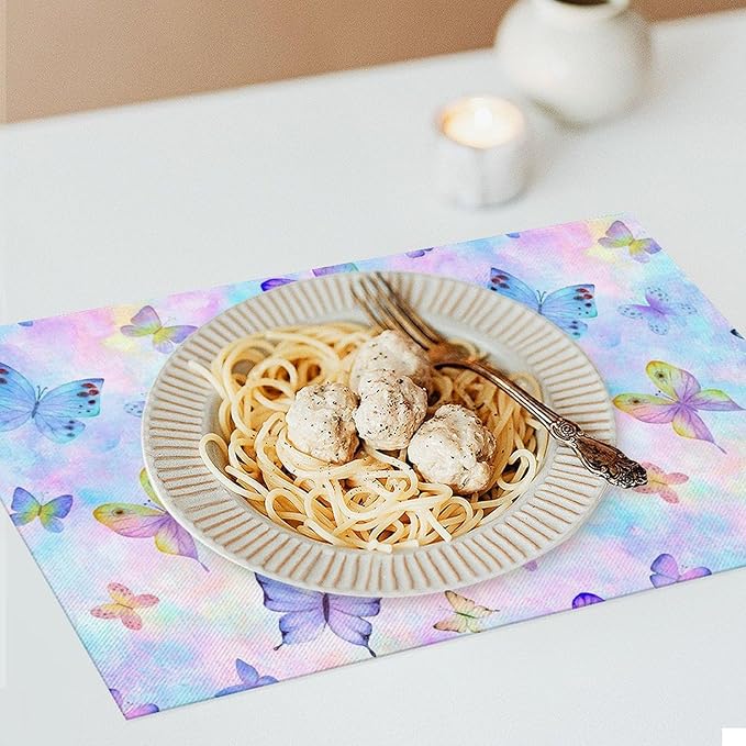 Watercolors Butterfly Placemats Set of 4,Spring Summer Flower Place Mats Washable for Kitchen Dining Table Heat Resistant Decorative Colth Table Mats 4 PCS, Style