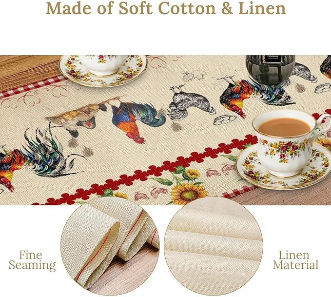 Rustic Rooster Table Runner,Vintage Country Farm Sunflower Chicken Red Plaid Print Tablecloth Burlap for Hotel Indoors Outdoor Dining Room Kitchen Home Decor,W13X L60 in