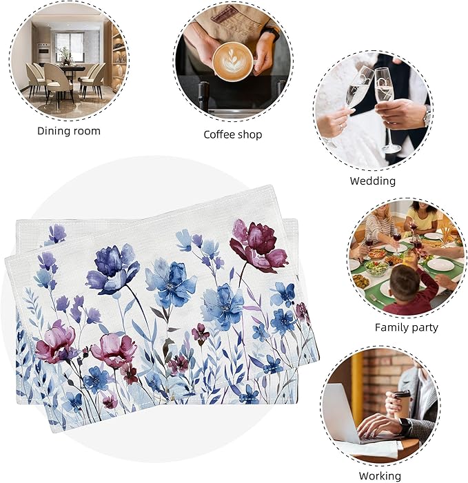 Floral Placemats Set of 4 Flower Daisy Watercolor Table Mats Washable Place Mats for Home Party Indoor Kitchen Dining Table Decoration 12x18 Inch