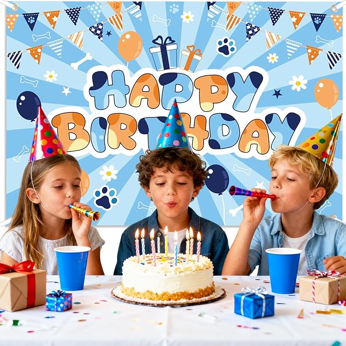 Dog Happy Birthday Backdrop, Cute Cartoon Theme Dog Paw Balloons Pennant Print Wall Backdrop Decor Photo Banner Props for Boys Girls Birthday Party Decorations Supplies