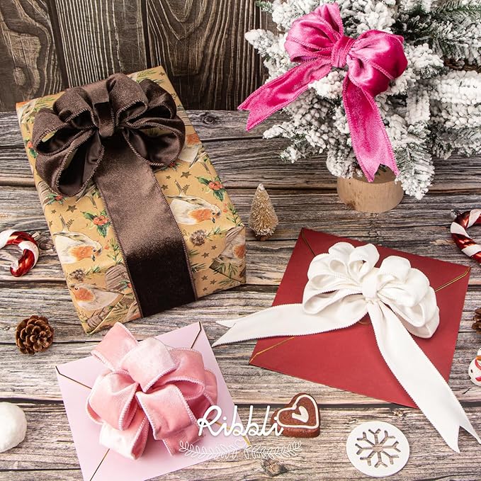 Ribbli White Velvet Wired Ribbon 1.5 Inch Velvet with Satin Christmas Ribbon for Gift Wrapping Christmas Tree Decoration Crafts Wreaths Supplies-Continuous 10 Yards