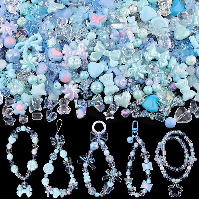 Assorted Acrylic Beads, 200-260PCS Blue Cute Beads for Bracelet Making, GummyBear Bow Flower Candy Kawaii Charms for Jewelry Making DIY Necklace Keychain Phone Charm Christmas Gift