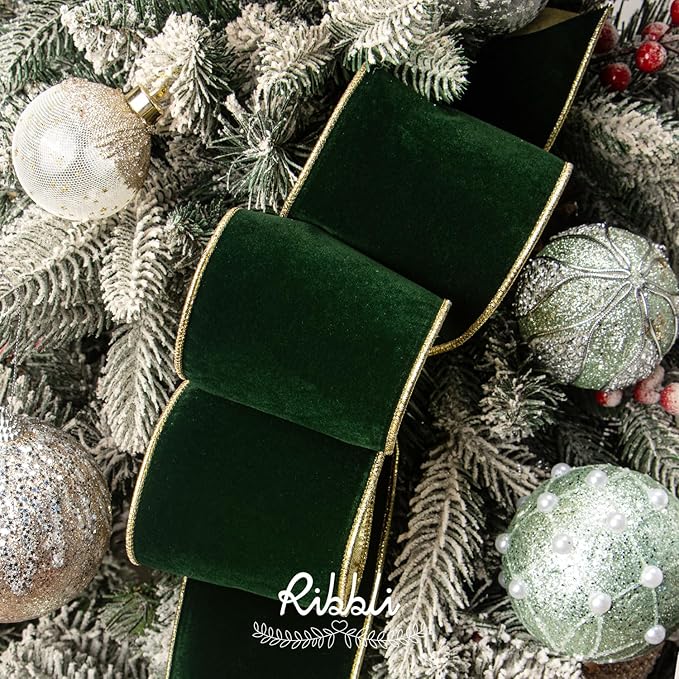 Ribbli Dark Green Velvet Wired Ribbon 4 Inch Luxury Matte Velvet Christmas Ribbon for Gift Wrapping Christmas Tree Decoration Crafts Wreaths Supplies - 10 Yards