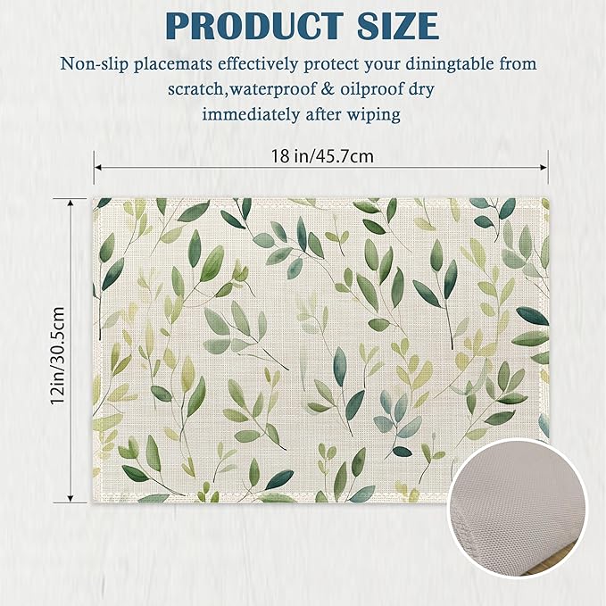 Placemats-Colorful Spring Leaves Linen Table Place Mats Set of 4 Non-Slip Heat Resistant Table Mats for Dining Kitchen Cabin Decor 12x18 Inch