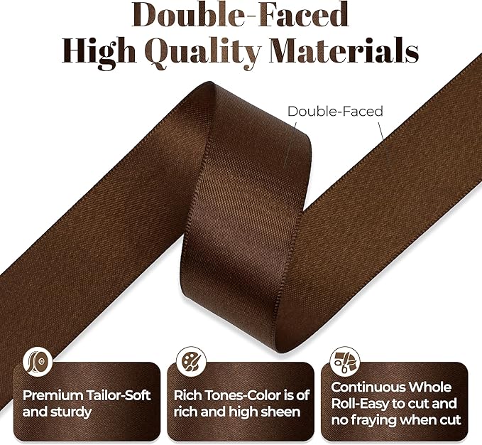 Brown Satin Ribbon, Double Faced 1 Inch X 50 Yards Brown Ribbon, Premium Satin Ribbon for Gift Wrapping, Crafts, Hair Bow Making, Sewing, Flower Bouquet, Wedding Party Decor