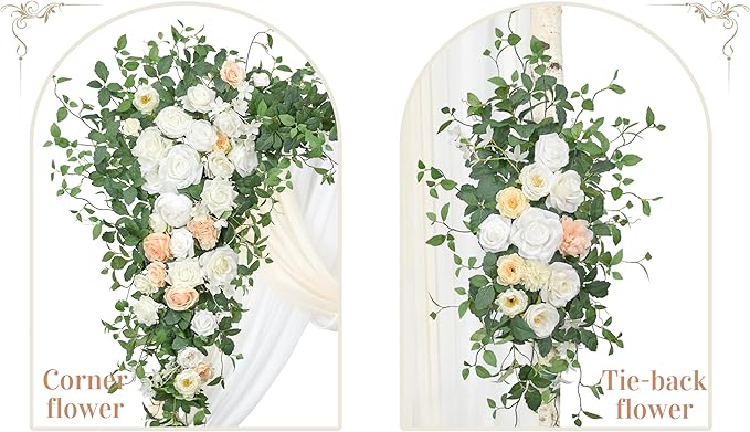 Ting's time Wedding Arch Flowers Kit (Set of 5)-2 Pcs Hanging Flower Arrangement 3 Pcs Chiffon Drapes for Wedding Ceremony Arbor and Reception(Champagne&White)