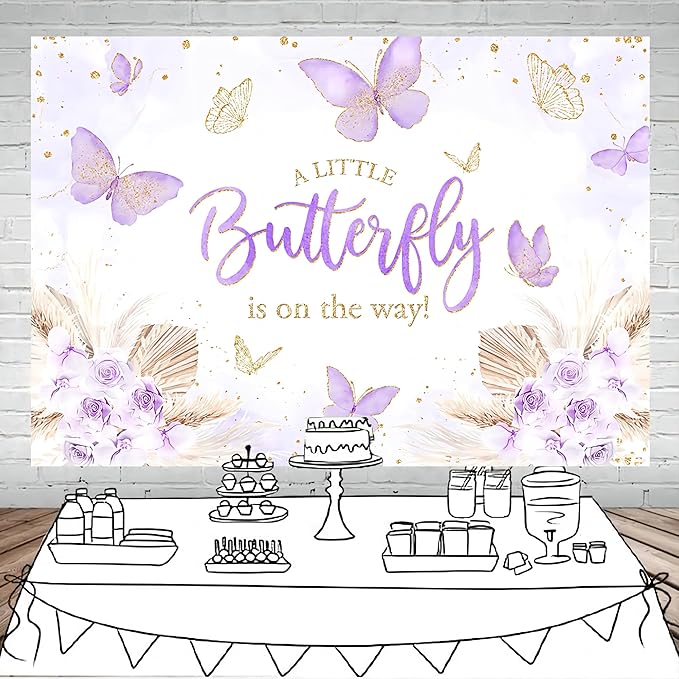 Mocsicka Butterfly Baby Shower Backdrop for Girl's A Little Butterfly is on The Way Pink Florals Flowers Photography Background Princess Girl Party Decoration Photography Props (10x7ft, Purple)