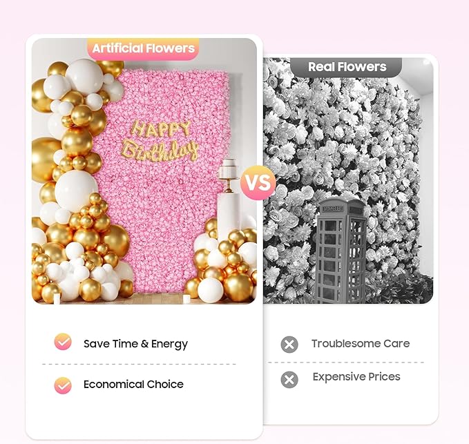 3D Flower Wall Panel, 20pcs Pink Artificial Floral Wall Backdrop, Realistic Silk Flower Backplanes, Roll Up Fake Flower Background for Valentines Wedding Party Photo Arrangement Decor