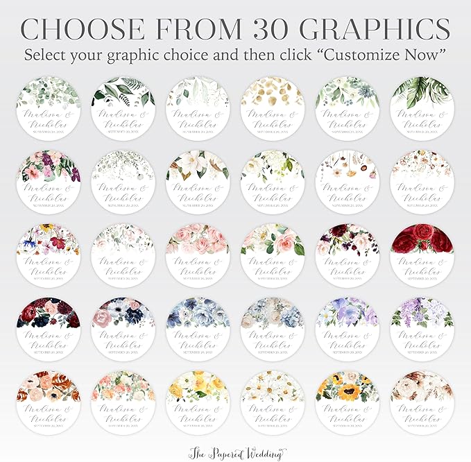 Personalized Floral Wedding Stickers with Your Choice of 30 Flower Styles - Choose Font and One of Five Pre-made Phrases or Add Custom Text (011 - Wildflowers)
