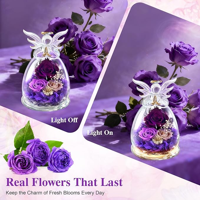 Purple Rose Christmas Gifts for Women, Forever Flower in Glass Fresh Flowers for Delivery, Preserved Rose Angel Figurine Decor for Mom, Grandma, Mother’s Day, Valentine’s Day, Birthday, Xmas Gift