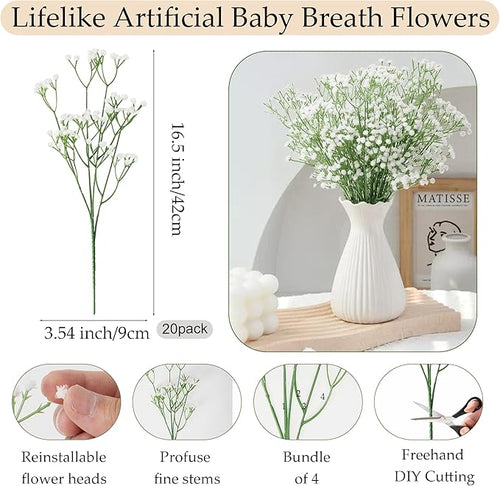 100Pcs Babys Breath Artificial Flowers, White Gypsophila Real Touch White Flowers Artificial Bulk, DIY Wedding Flower Bouquet, Fake Babies Breath Flowers Long Stems for Home Decor