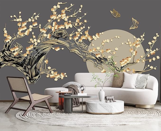 Golden Branches Butterflies Moon Wall Mural Wallpaper for Bedroom 103" x 69"