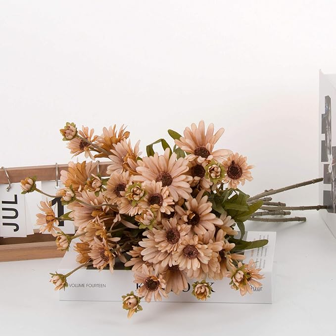 12pcs Gerbera Daisy Artificial Flowers 20 Inch Long Stem Artificial Daisy Mums for Home Décor Centerpiece Wedding Bridal Bouquet DIY(Brown)