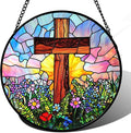 Christian Gifts for Women - Cross Stained Glass Window Hanging Jesus Easter Colorful Wildflowers Sun Catcher Garden Religion Decor Mother's Day Catholic Gift for Men Grandma Mom Her 6.3"