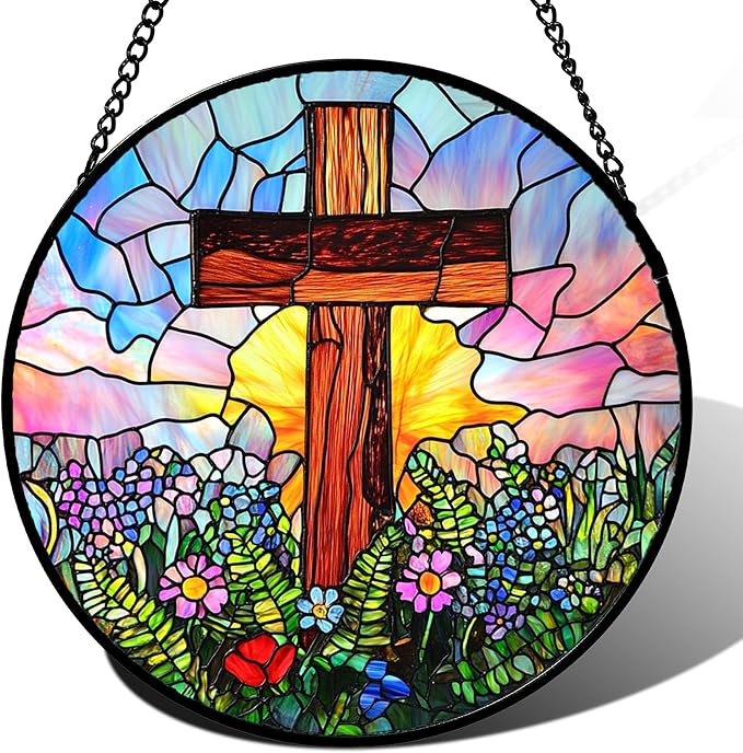 Christian Gifts for Women - Cross Stained Glass Window Hanging Jesus Easter Colorful Wildflowers Sun Catcher Garden Religion Decor Mother's Day Catholic Gift for Men Grandma Mom Her 6.3"