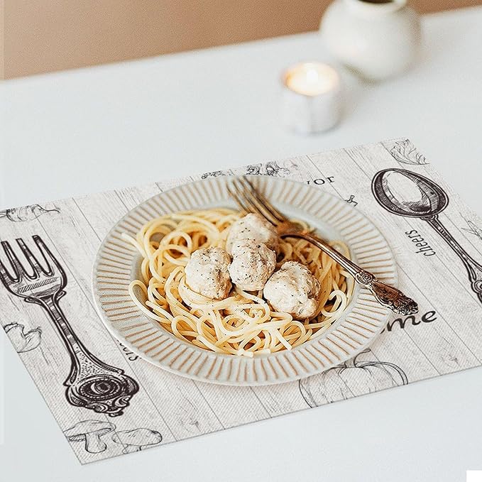 Vegetable Placemats Vintage Rustic Wooden Plank Kitchen Utensils Cutlery Tomato Pumpkin Mushroom Carrot Placemats Table Kitchen Dining Party 12x18 Inch Set of 6