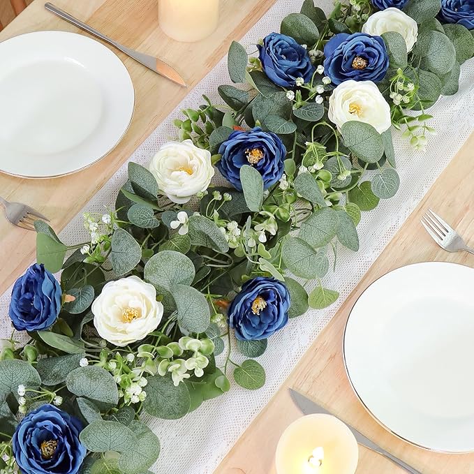 TOCHGREEN 4 Pack Artificial Eucalyptus Flower Garland with White and Blue Roses, Fake Rose Flower Greenery Garland Floral Vines for Wedding Home Party Table Runner Decor (Blue White, 4PCS)