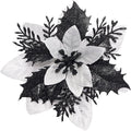 15Pcs Christmas Poinsettia Artificial Flowers Decorations, Glitter Poinsettia Christmas Tree Ornaments, Black Tree Flowers for Xmas/Wedding/Holiday/Wreath/Garland Decor, with Cilps, 5.5 Inch