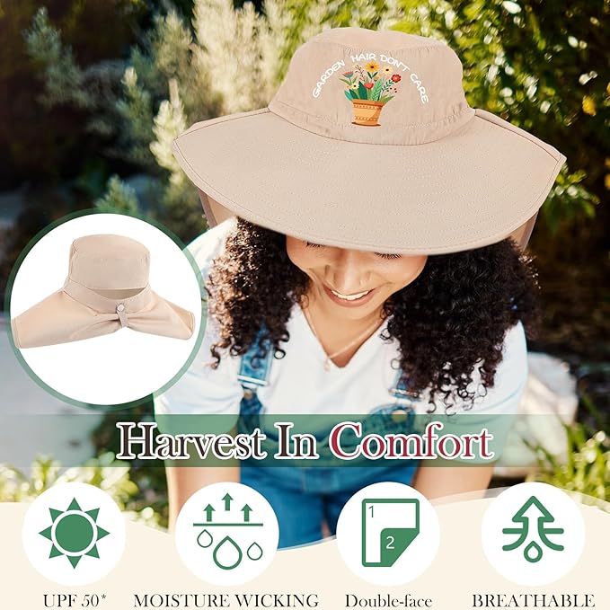 Garden Hats for Women Gardener Gifts Sun Protection Wide Brim Embroidered Hat with Neck Flap for Christmas Birthday