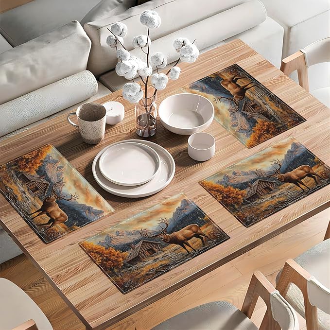 Farmhouse Deer Placemats Set of 6, Country Natural Place Mats, Rustic Forest Lodge Elk Wildlife Dining Table Mats, Washable Placemats for Kitchen Dining Room 18L'' × 12W''
