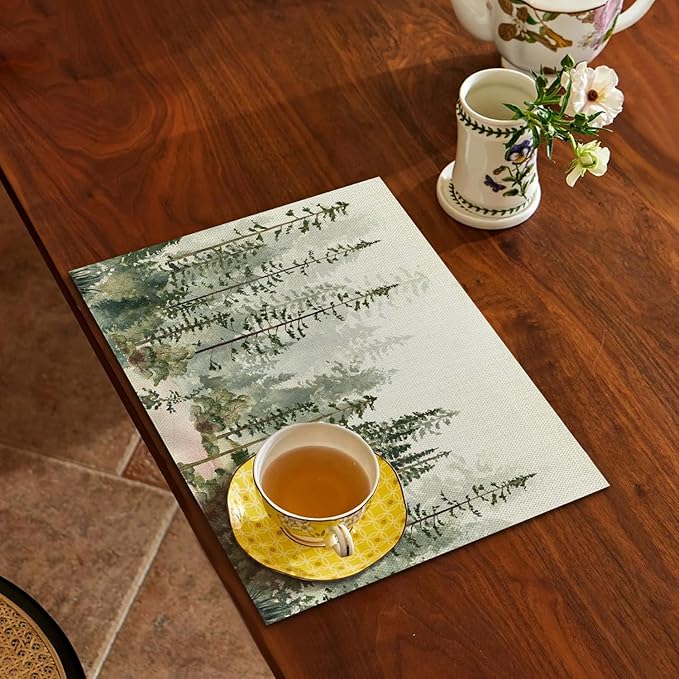 Rustic Forest Trees Placemats Set of 4, Misty Woodland Nature Table Mats Place Mats for for Kitchen Dining Table Decoration 16.9x11.4 Inch