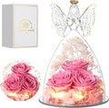 Christmas Rose Gifts for Women Preserved Real Flower in Glass Angel Figurines Roses for Delivery Prime Birthday Gifts for Mom Grandma Girlfriend Wife Her, Sweet Pink