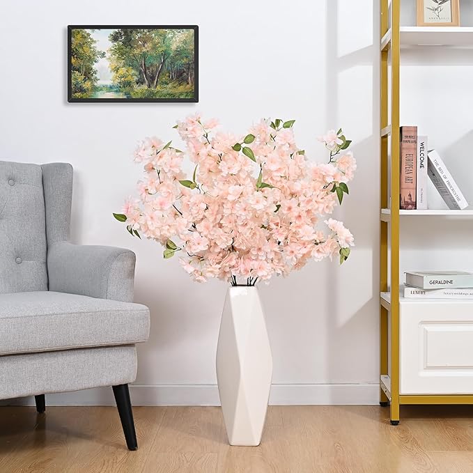 Sunm Boutique Champagne Faux Cherry Blossom Branches, Artificial Cherry Blossom Stems Cherry Blossom Flowers Vase Arrangements for Wedding Home Party Kitchen Decor, Set of 3