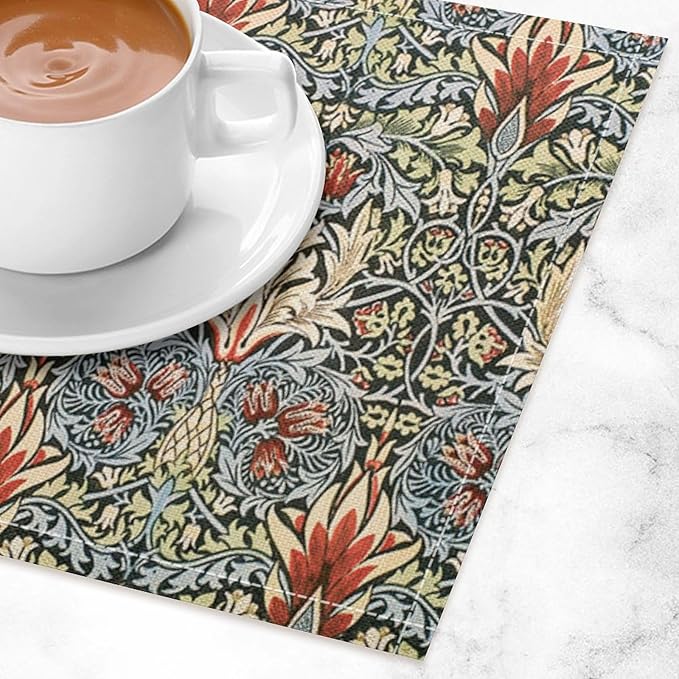 Vintage Flower Placemats Set of 6, William Morris Retro Boho Botanical Plant Place Mats, Heat Resistant Non Slip Cotton Linen Dining Table Mats for Home Kitchen Party 18x12 Inch