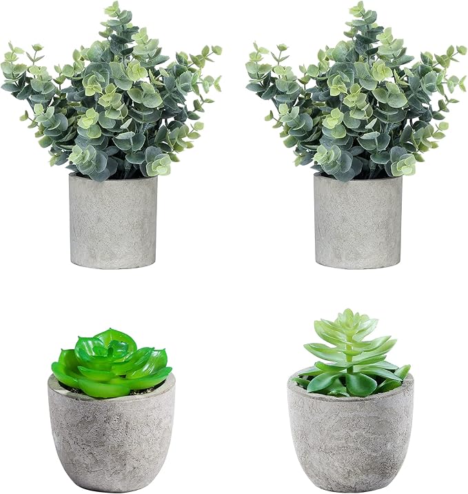 Flojery Small Fake Plants Eucalyptus Potted Mini Potted Plants Artificial Eucalyptus Boxwood Rosemary Greenery in Pots Faux Potted Herbs Small House Plants for Indoor Greenery Tabletop Set of 4
