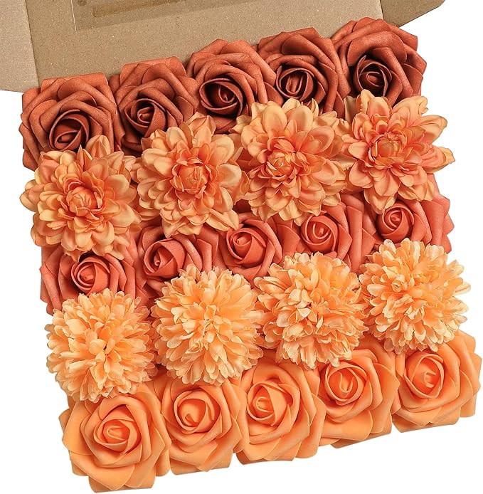 Fall Orange Artificial Flowers Combo Box Set Gradient Color Flower Leaf with Stems for DIY Wedding Bouquets Centerpieces Baby Shower Party Home Decorations