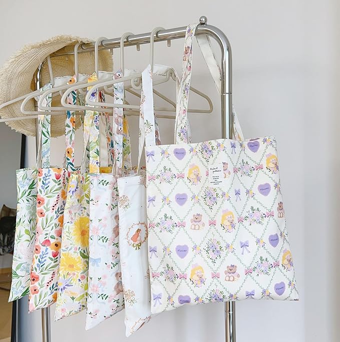 Cotton Canvas Tote Bag Reusable Soft Grocery Cloth Bag Floral Shoulder Bag for Beach Travel Shopping
