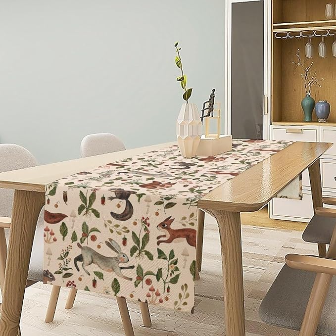 Rustic Forest Table Runner, Cartoon Woodland Wild Animals Rabbit Fox Vintage Botanical Mushroom Herbs Table Cover for Indoor Outdoor Home Decor Party, 13x108inch