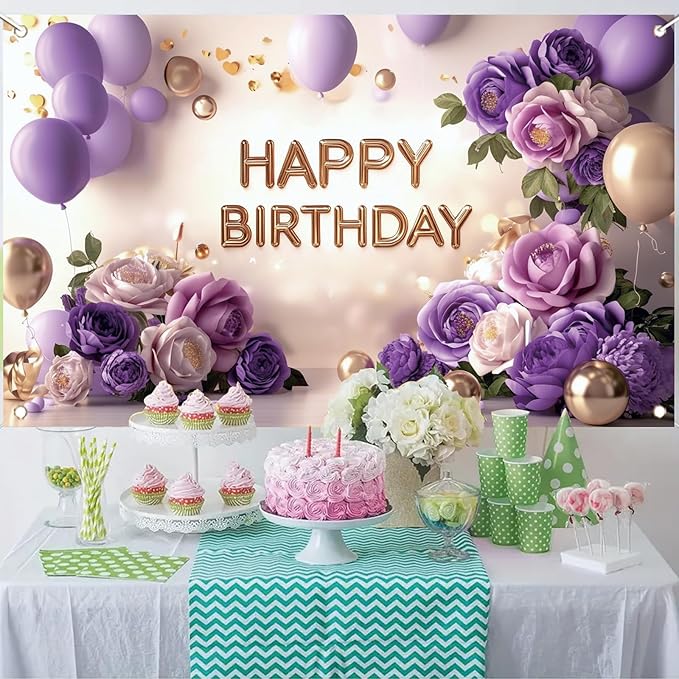 Purple Gold Happy Birthday Backdrop Banner Elegant Flowers Balloons Photography Background Glitter Birthday Decorations for Women Girls Party Supplies Photo Booth Props 71x43 Inch