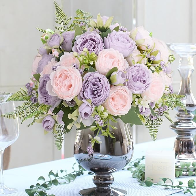MARTINE MALL 2 Packs Peonies Artificial Flowers, Pinkish-Purple Artificial Peonies, Silk Peonies Flowers Fake Peonies Artificial Flowers Peonies Bouquet for Centerpiece Table Wedding Party Home Decor