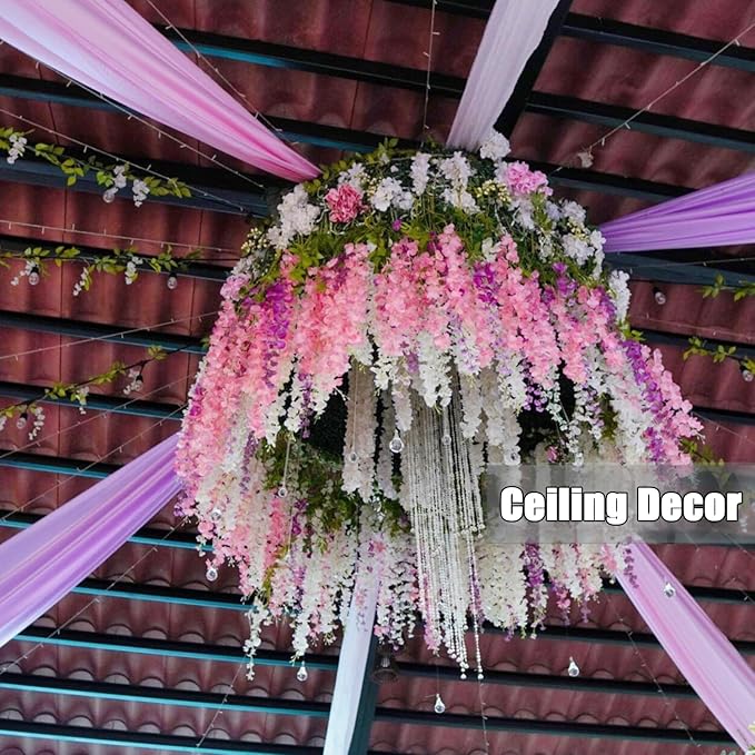 Artificial Wisteria Hanging Flowers Fake Wisteria Flower Garland Silk Vines Rattan Decor for Home Wedding Arch Wall Garden Greenery Bedroom Outdoor Office Party Decoration (12, Red)