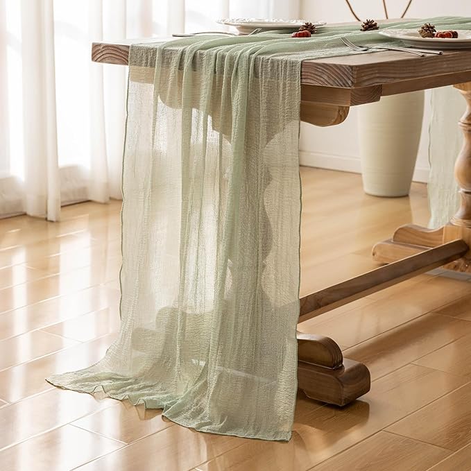 6pcs Sage Green Table Runner Cheesecloth 120 Inch 10 FT Rustic Boho Cheese Cloth Table Runner for Wedding Baby Shower Bridal Shower Sheer Gauze Centerpiece Home Decorations