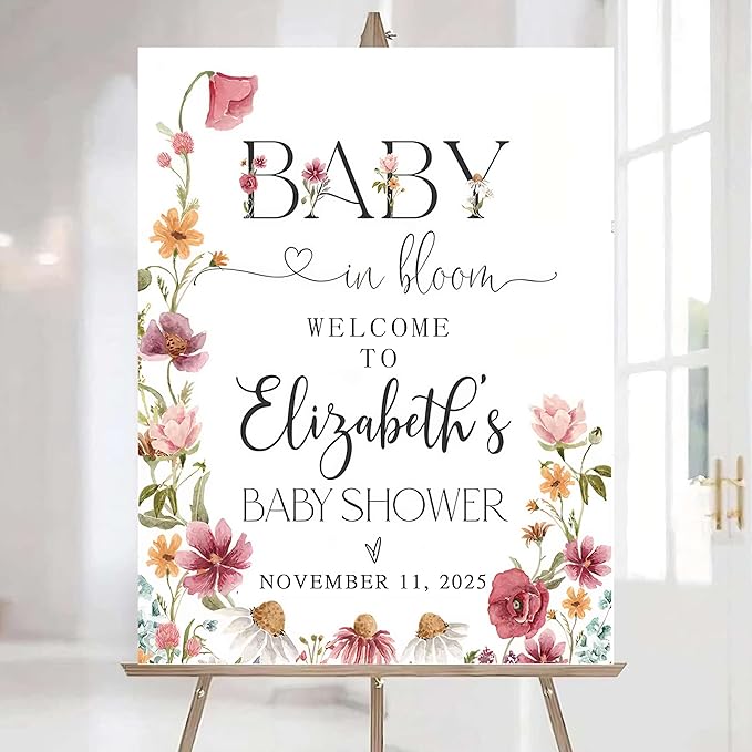 Editable Wildflower Baby Shower Welcome Sign, Personalized Boho Floral Baby Shower Sign, Spring Flowers Theme, Elegant Flower Decorations, Custom Name Signage for Boy or Girl #22