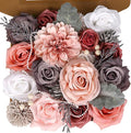 ASTRYAS Artificial Flowers Combo Box Set, Pink Mix Silk Flowers Dahlia Roses with Stems for DIY Wedding Bouquets Centerpieces Arrangements Party Bridal Baby Shower Home Decorations, Gray & Pink
