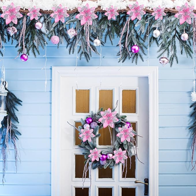 Geosar 36 Pcs Christmas Glitter Artificial Poinsettia Flowers Xmas Poinsettia Artificial Wedding Flowers Decorations Xmas Tree Ornaments with Clips for Party, 6 Inch, 4 Inch, 3 Inch(Pink and Silver)